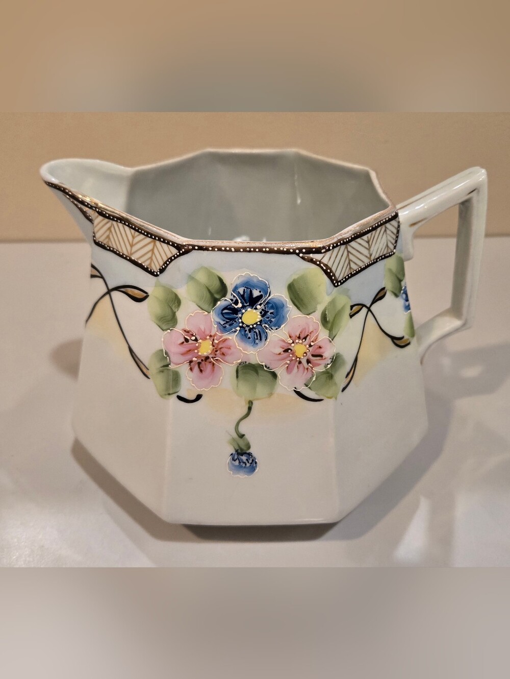 Hand-Painted Nippon Floral Porcelain Pitcher in White and Pastels